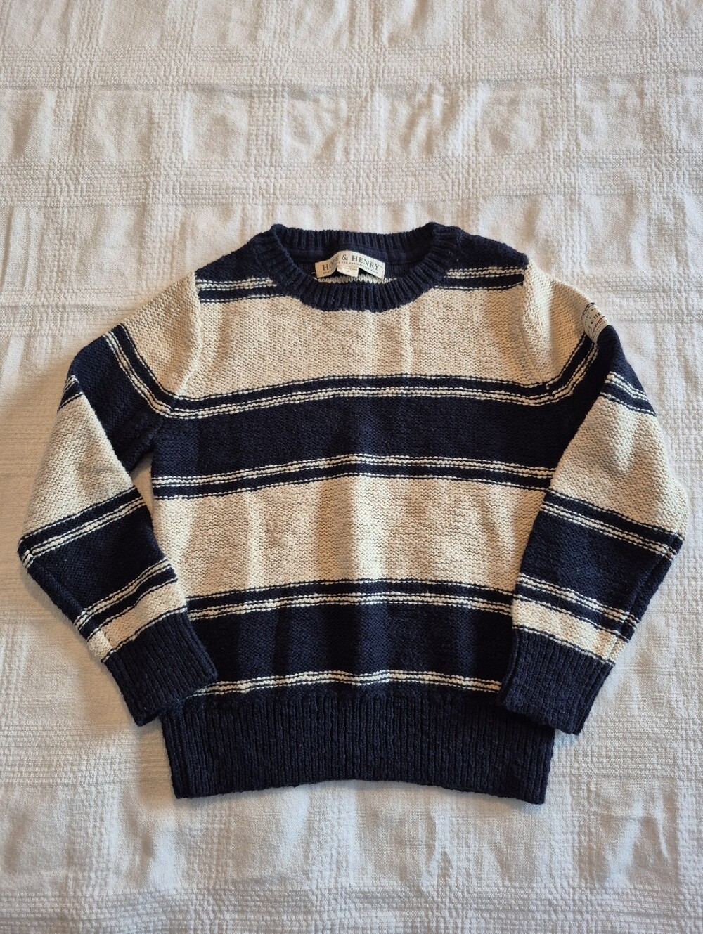 Hope & Henry boys size 4 wide stripe knit sweater blue & cream VGUC